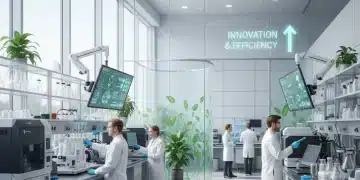 Modern biotech lab with scientists and advanced equipment, symbolizing efficient scaling and innovation.