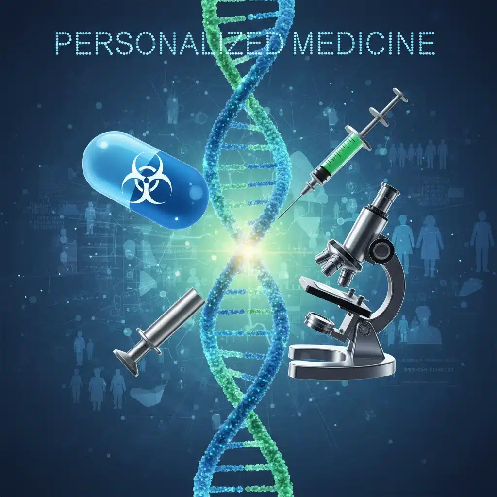 DNA helix with medical symbols representing personalized medicine and targeted therapies.