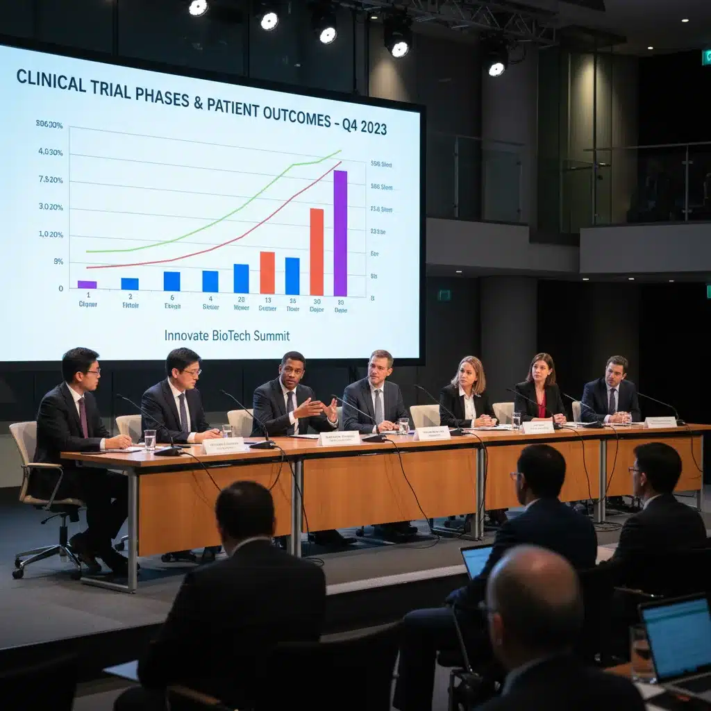 Regulatory experts discussing clinical trial data at a biotech conference