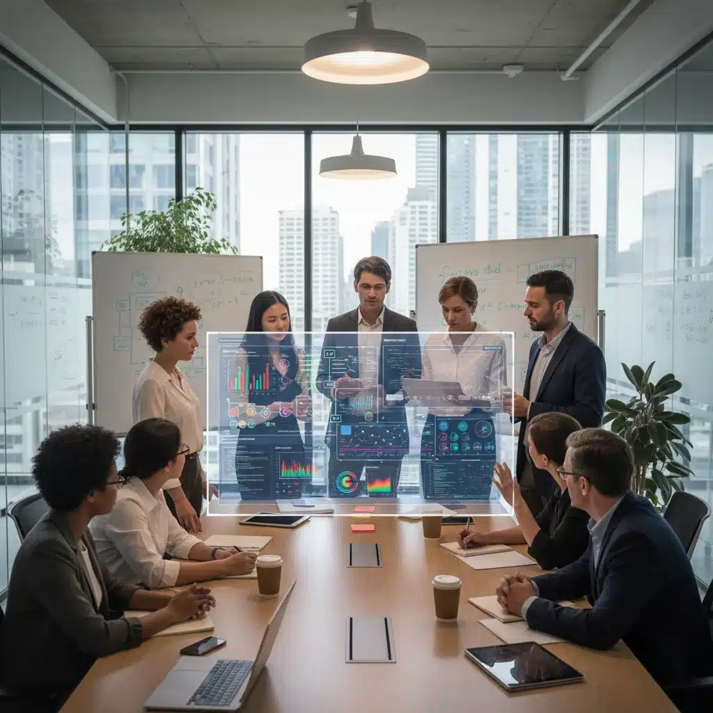 Interdisciplinary team collaborating on AI-driven drug development.