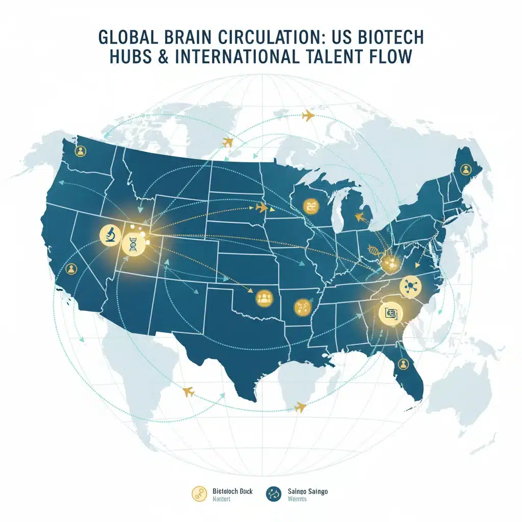 Map of US biotech hubs attracting international talent with visa sponsorship.