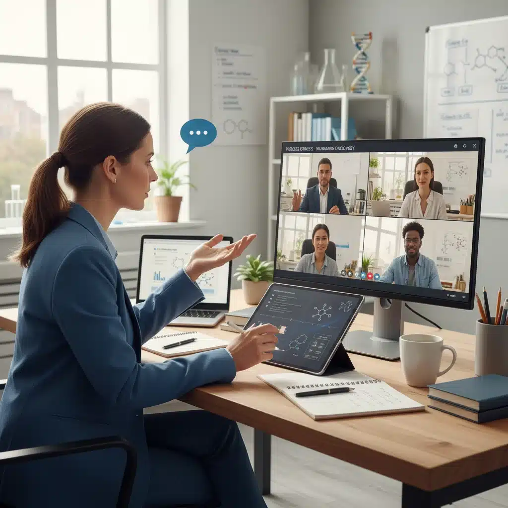 Biotech professional engaged in a virtual team meeting from home