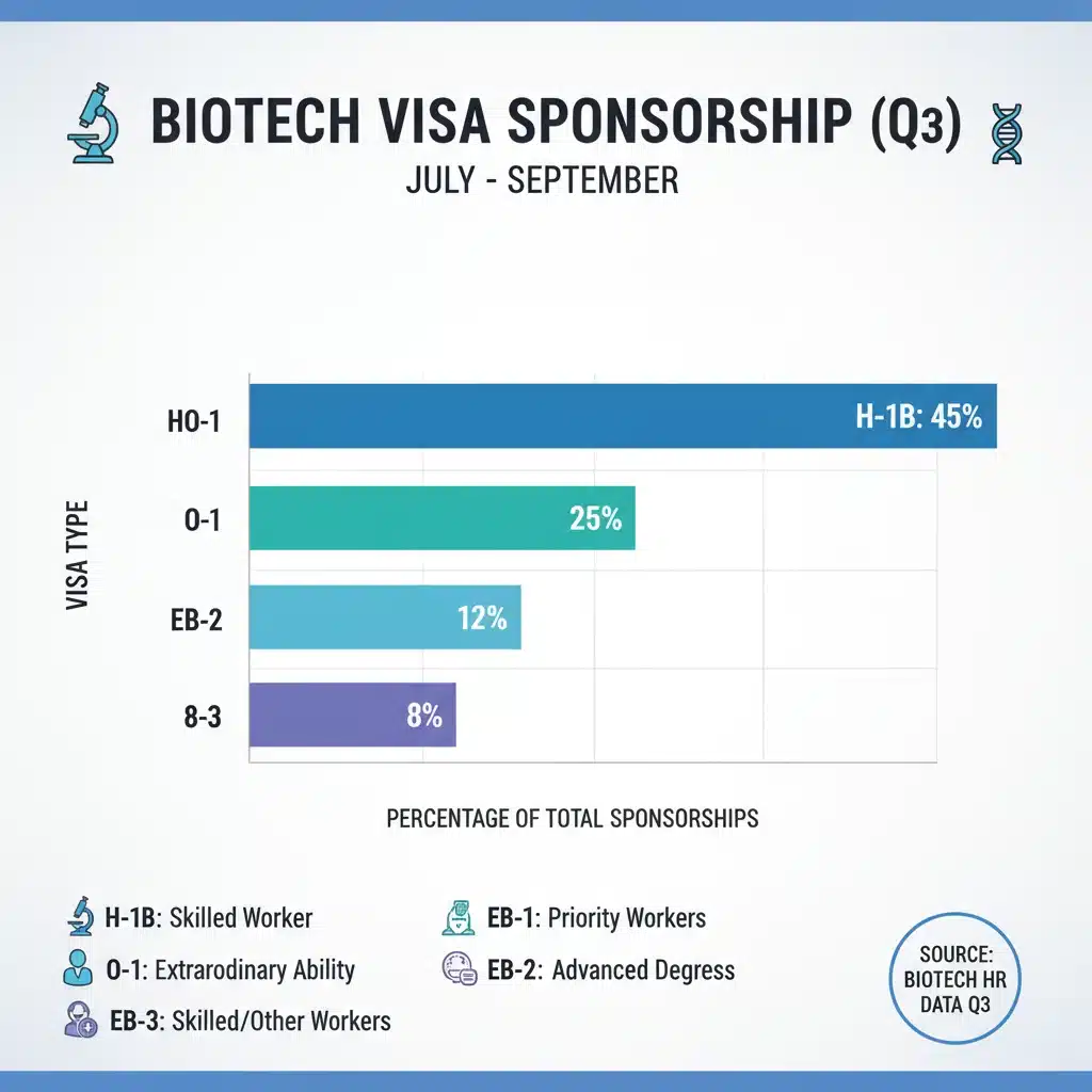 Infographic showing visa sponsorship distribution in US biotech over three months.