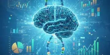 AI brain connected to DNA helix with financial data, representing AI's role in biotech investing.