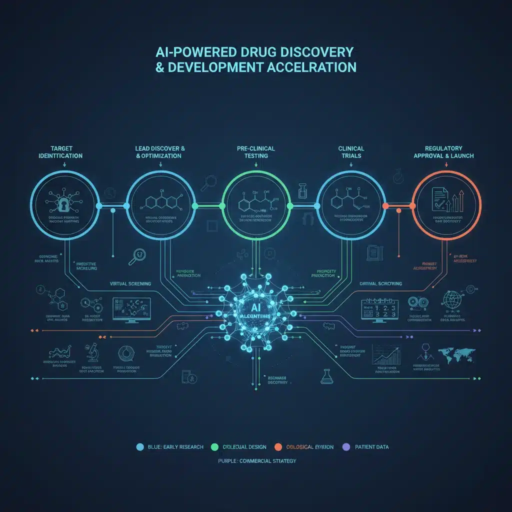 Infographic showing AI accelerating drug discovery and development processes.