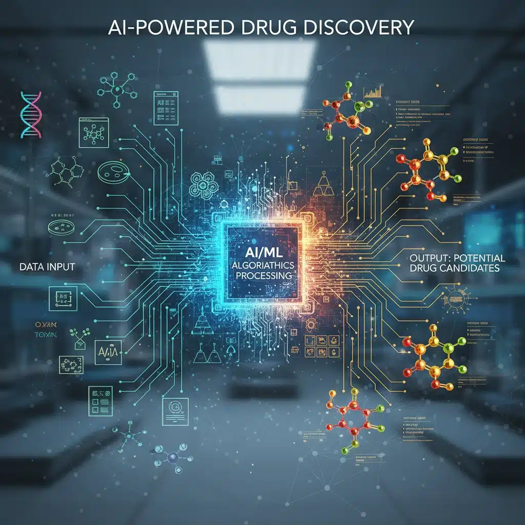 Artificial intelligence algorithms analyzing complex biological data for drug discovery and development in a biotech setting.