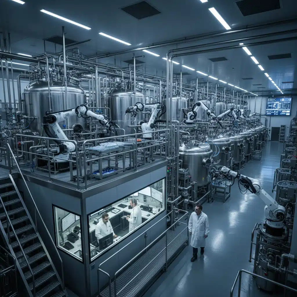 Automated bioprocessing facility with large bioreactors and robotic systems for biomanufacturing.