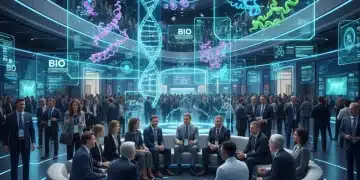 Scientists and business leaders discussing biotech policy at a futuristic convention.