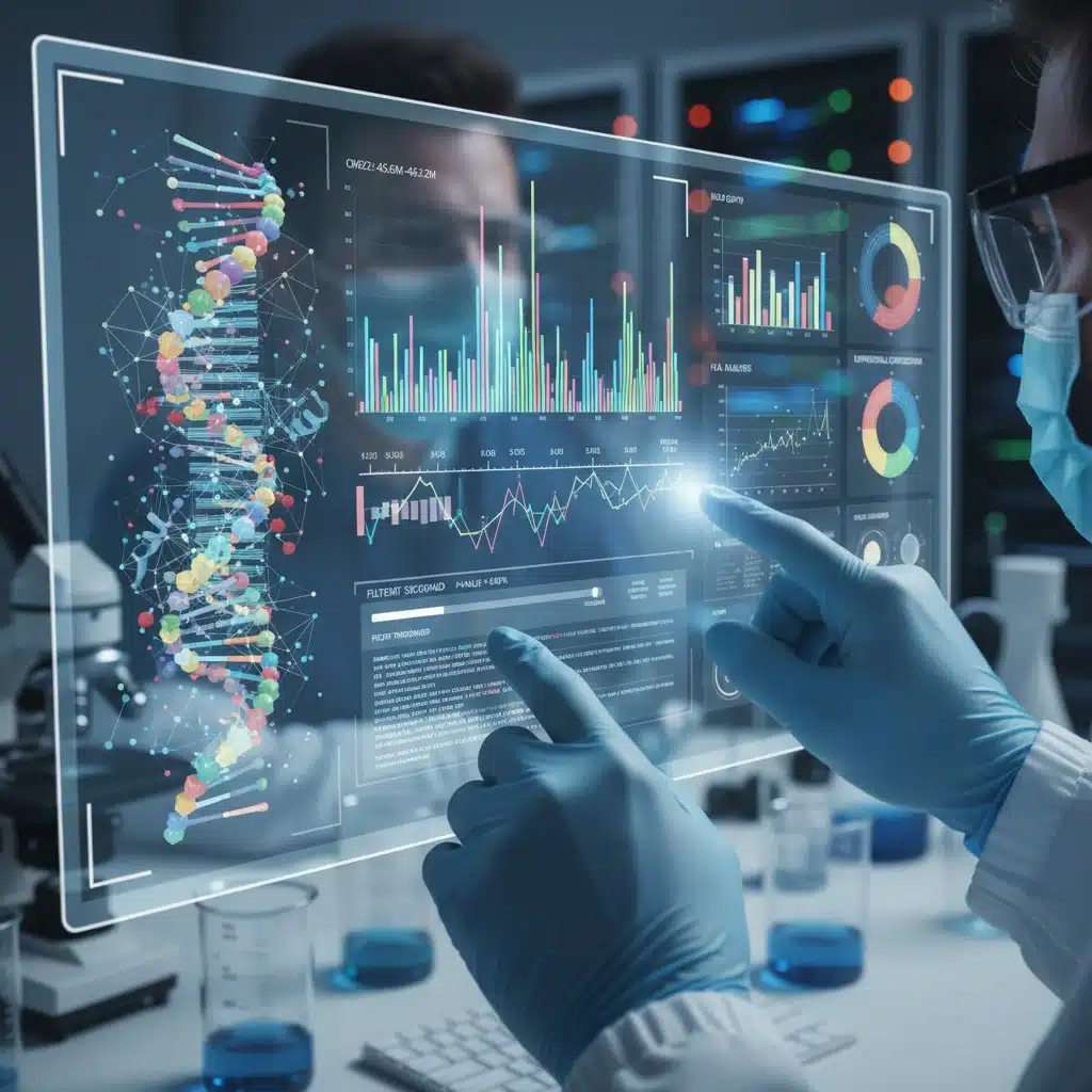 Bioinformatician analyzing complex genomic data on a computer screen with advanced software.