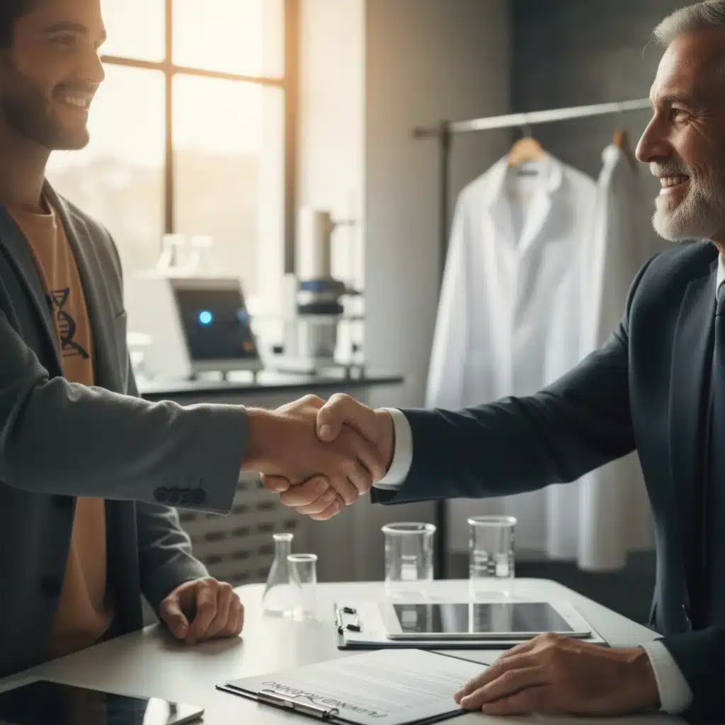 Successful funding agreement handshake between biotech founder and investor