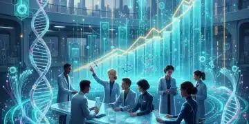 Futuristic biotech laboratory with professionals collaborating on advanced research, symbolizing the 2026 biotech job market trends.