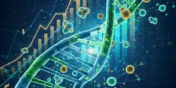 Dynamic visual of biotech innovation with DNA and financial charts