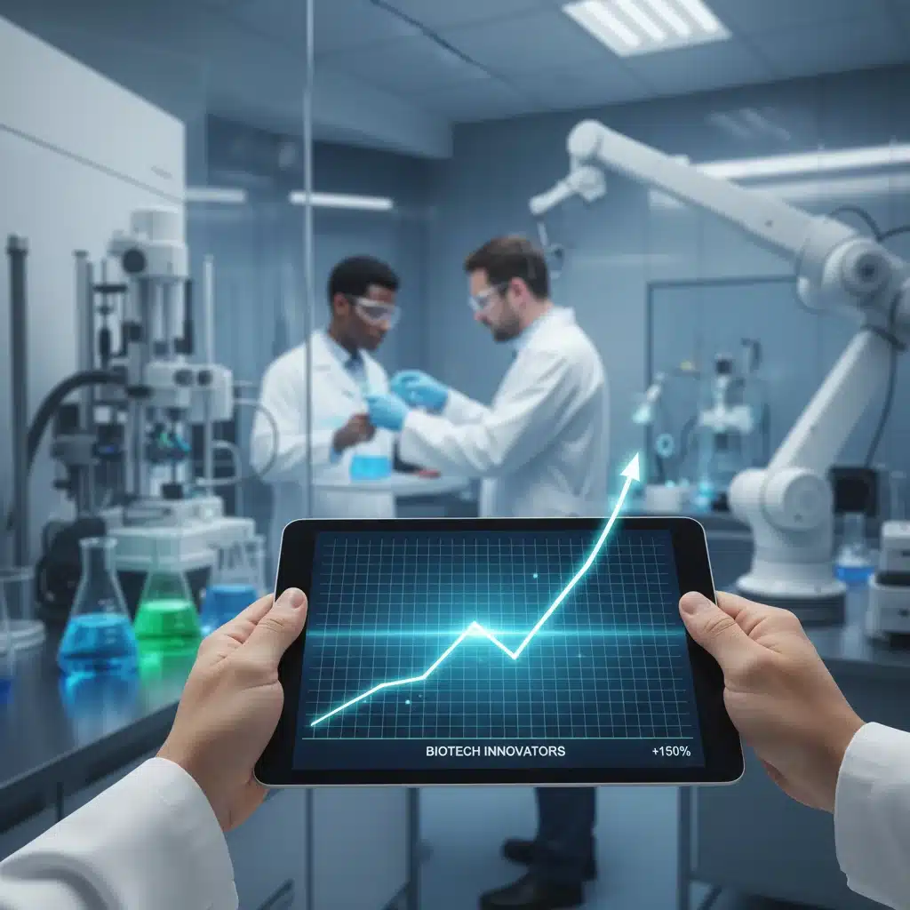 Hand holding tablet with upward stock graph in a biotech lab