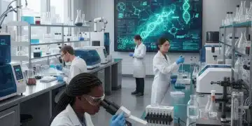 Scientists working in a state-of-the-art biotechnology lab, analyzing data and conducting experiments.
