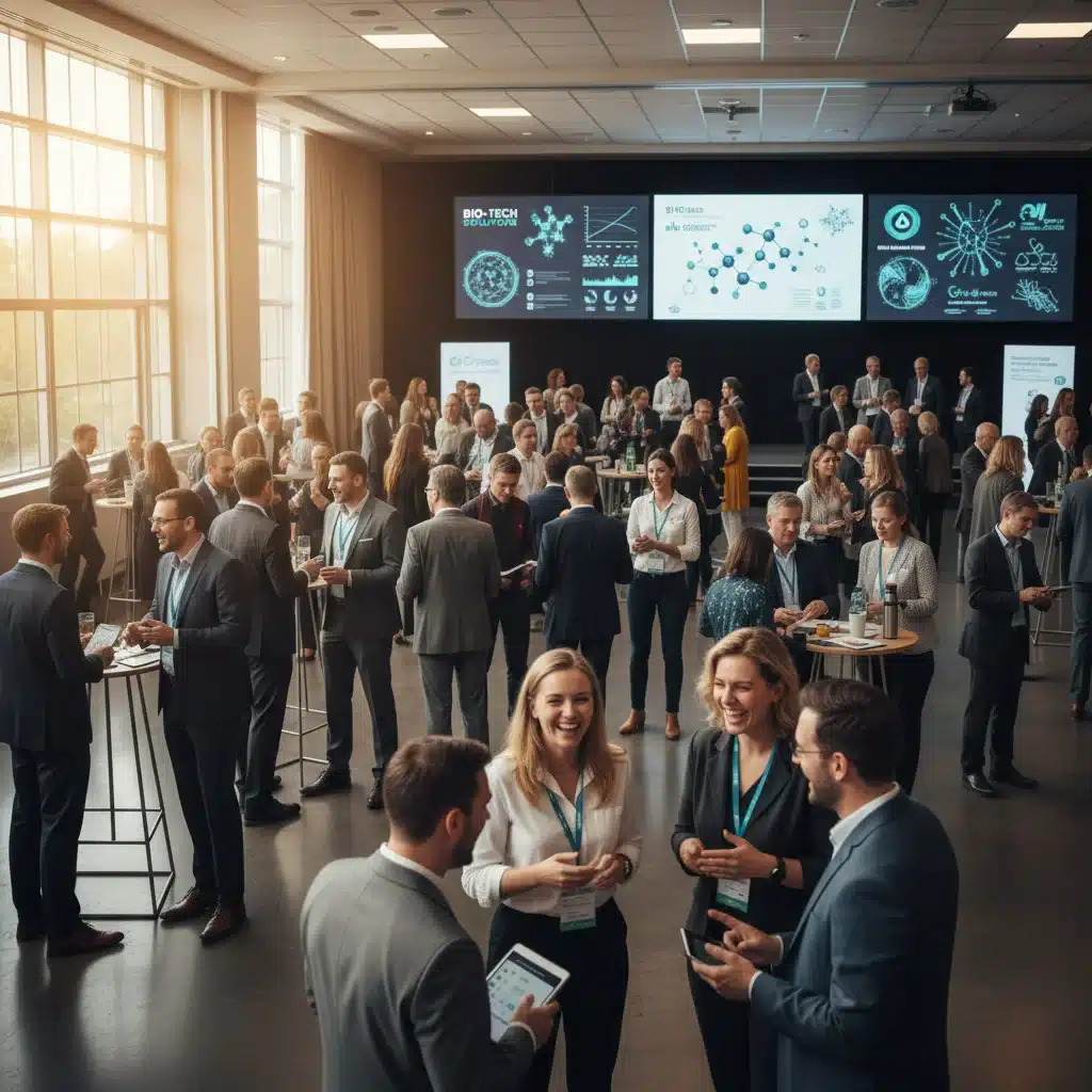 Professionals networking at a bustling biotech conference, fostering collaboration and knowledge exchange.