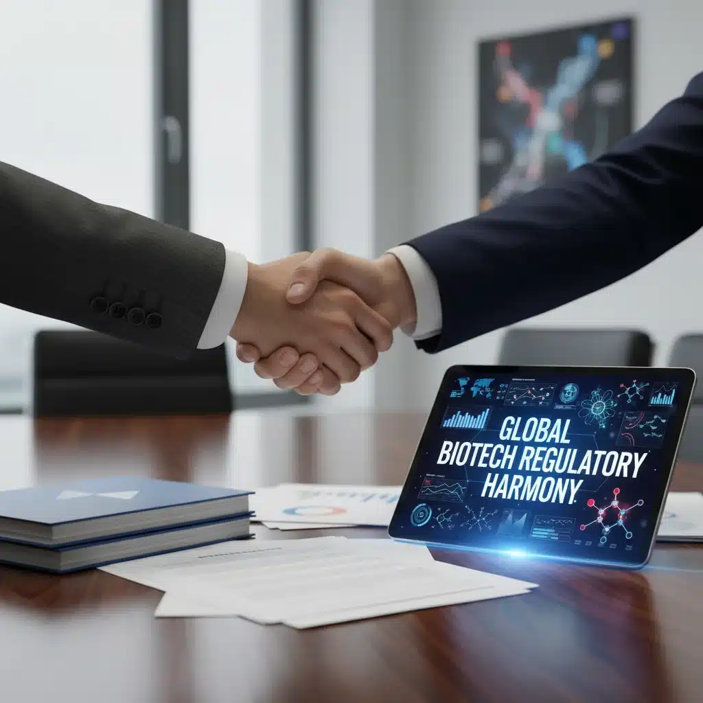 Two individuals shaking hands, symbolizing a partnership or agreement in biotech policy.