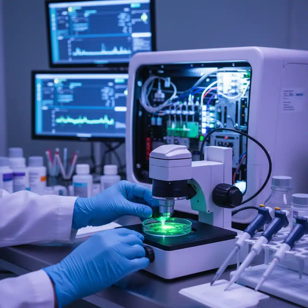 Scientist's hands operating advanced lab equipment, symbolizing cutting-edge biotech research and development.