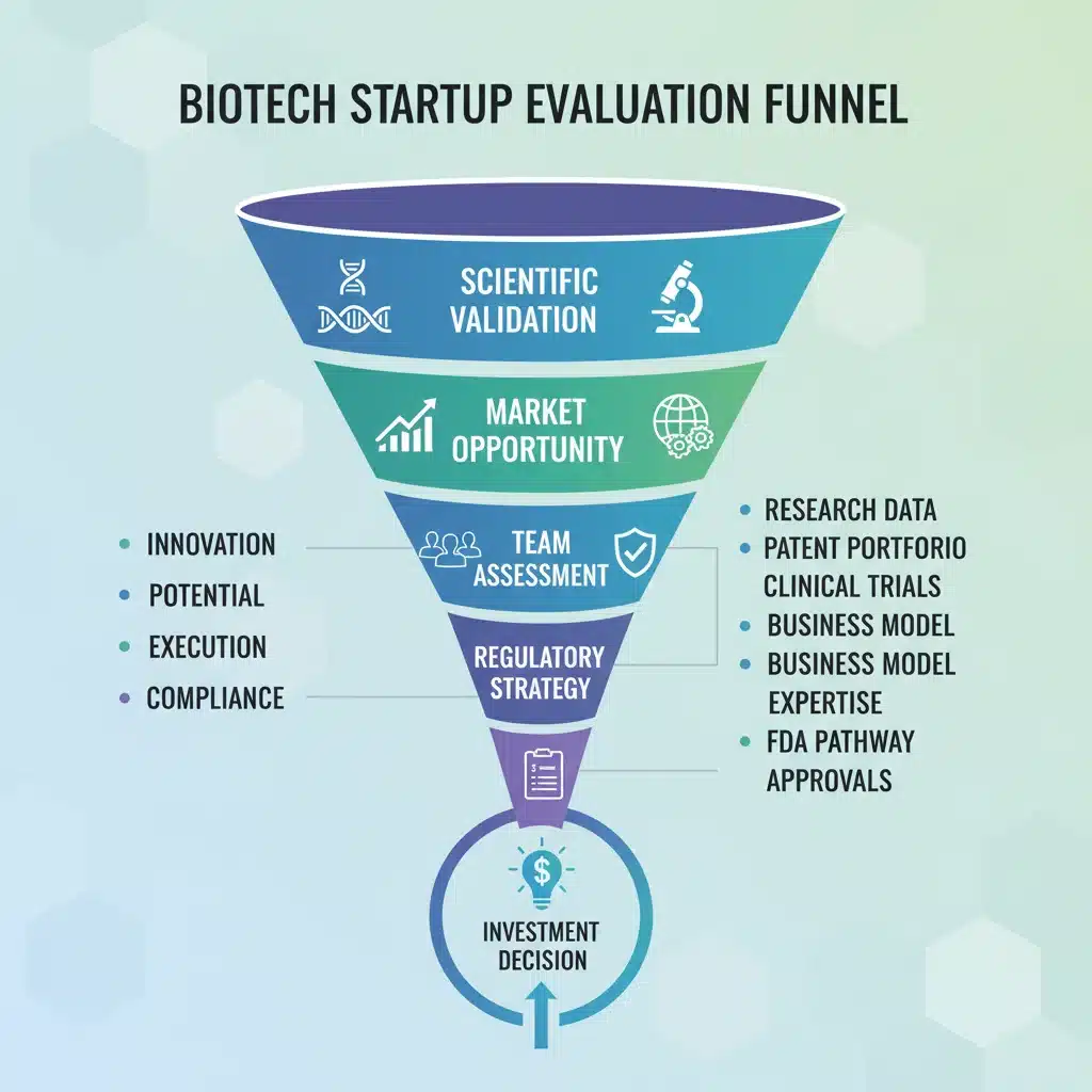 Infographic illustrating the biotech startup evaluation funnel