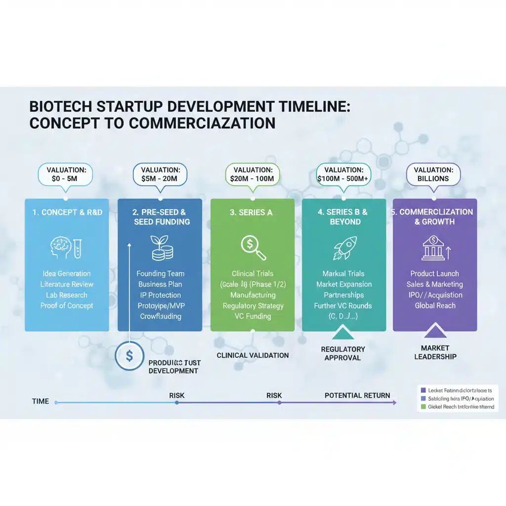Infographic depicting biotech startup funding stages and valuation growth over time.