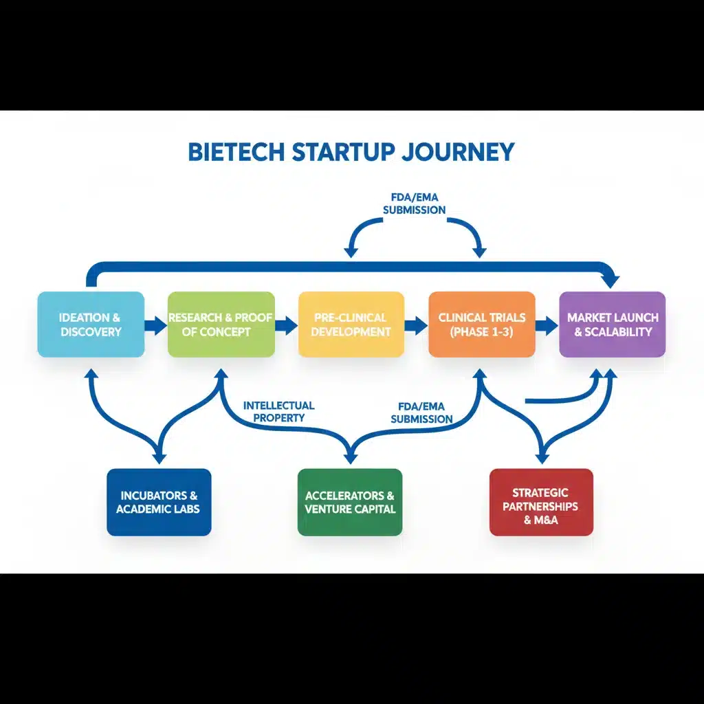 Biotech startup journey map with incubator and accelerator support points.