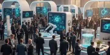 Biotech professionals networking at a vibrant trade show event with advanced technology displays.