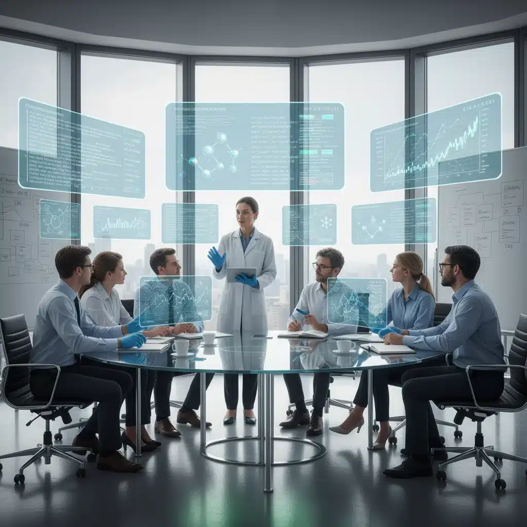 Investors and data scientists analyzing biotech data on holographic screens for investment decisions.