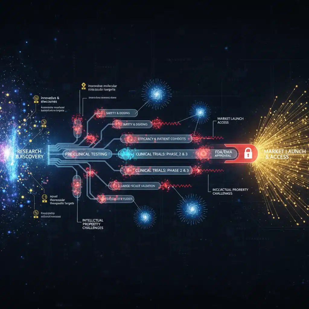 Detailed infographic illustrating the stages of the drug development pipeline.