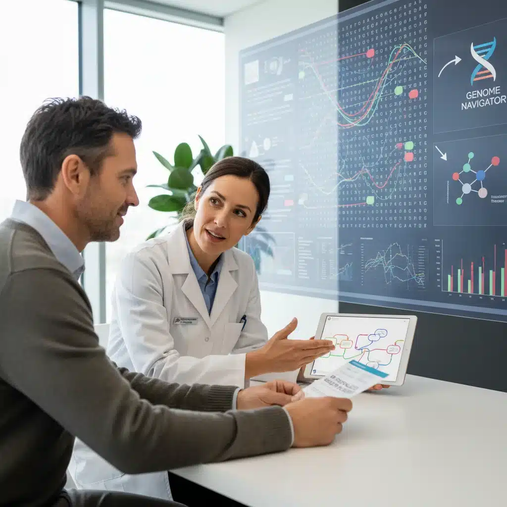 Doctor explaining personalized medicine treatment options to a patient, with genetic data displayed on a digital interface.