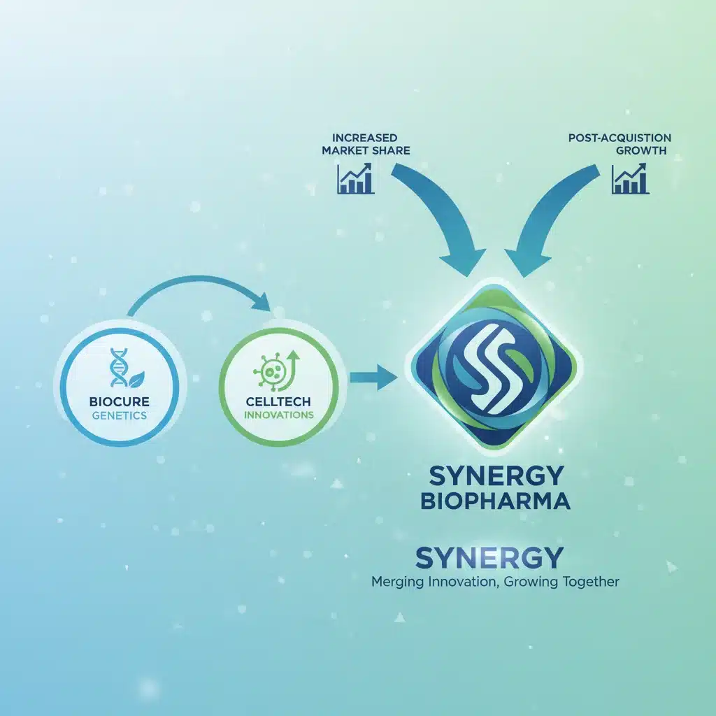 Infographic depicting synergistic growth post-biotech mergers and acquisitions.