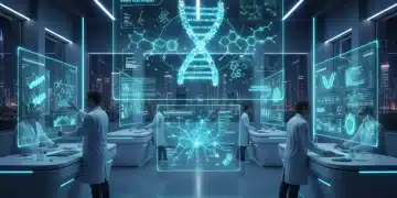 AI-powered drug discovery in biotech lab with holographic data analysis