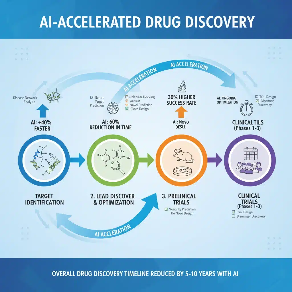 Infographic showing AI accelerating drug discovery stages