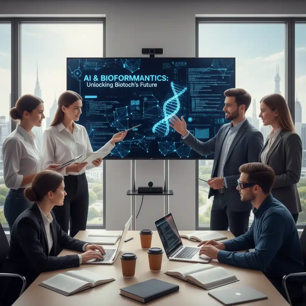 Young professionals learning AI and bioinformatics, crucial skills for the evolving biotech sector.