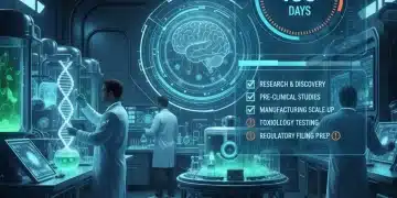 Scientists preparing for a biotech clinical trial, a 180-day pre-IND checklist visible on a screen.
