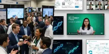 Scientists engaging in both virtual and in-person biotech conferences, showcasing modern event formats.