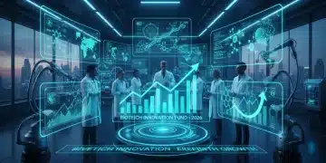 Futuristic lab with financial charts, representing biotech innovation and investment growth in 2026.