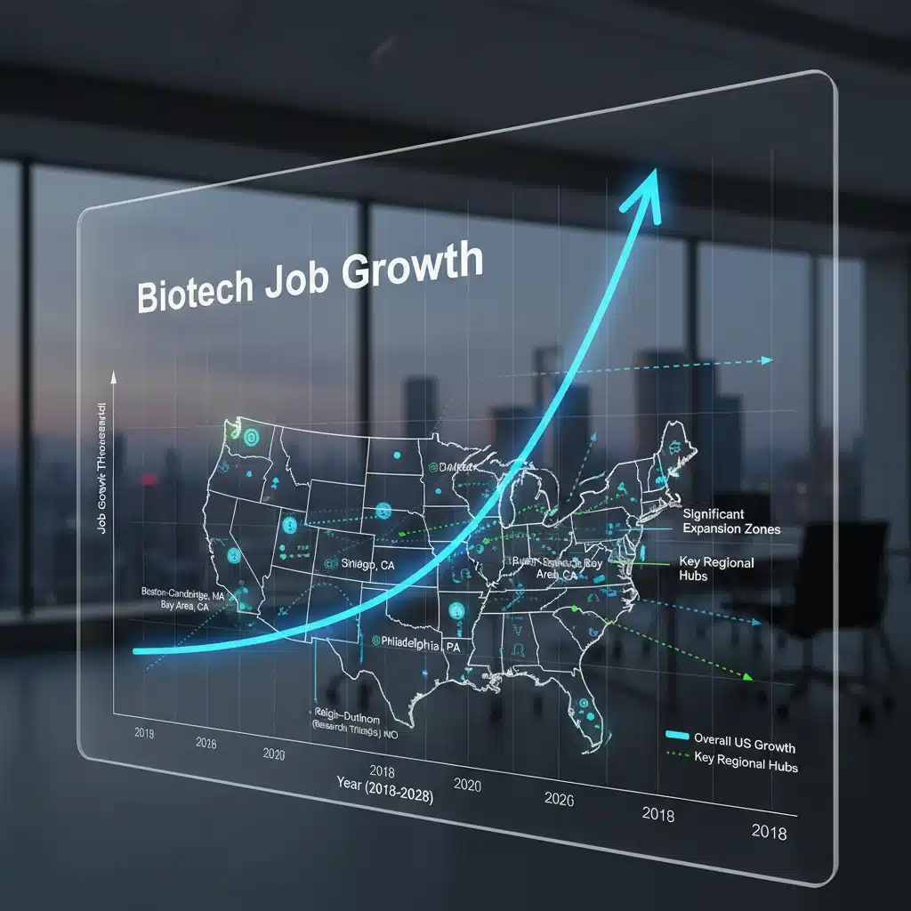 Chart illustrating significant biotech job growth and regional expansion in the United States.