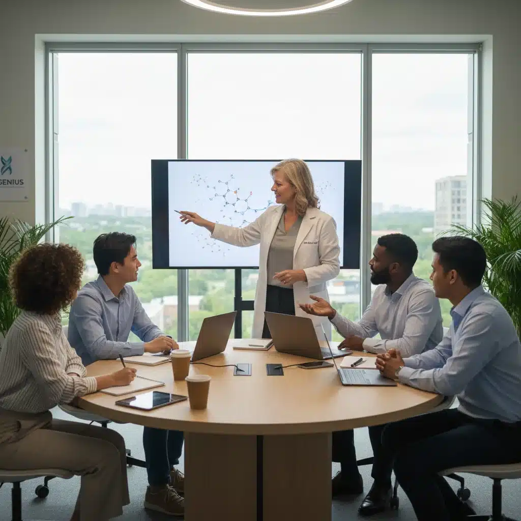 Biotech professionals in a mentorship session, promoting career growth and supportive company culture.