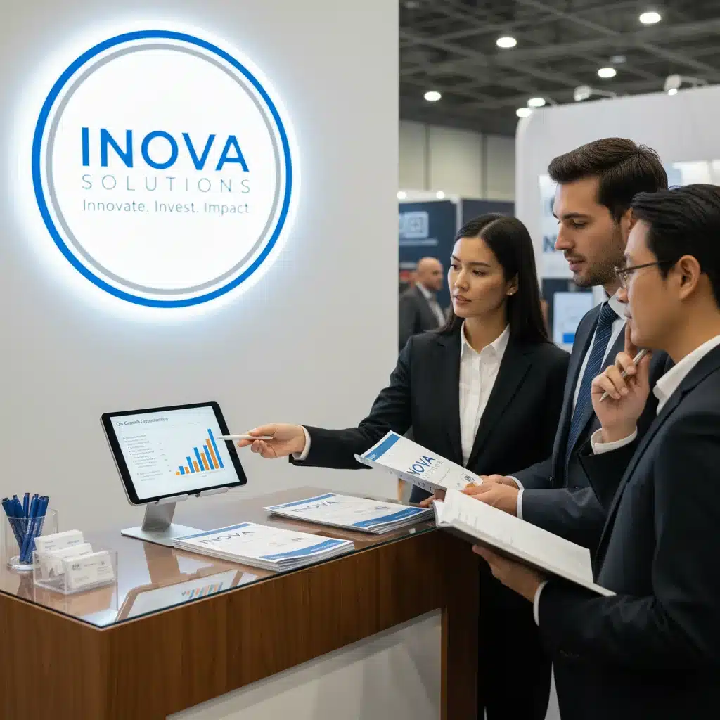 Biotech startup pitching at a venture conference booth.