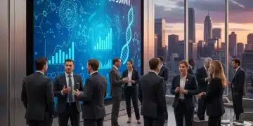 Professionals networking at a US biotech venture conference, discussing investment opportunities.