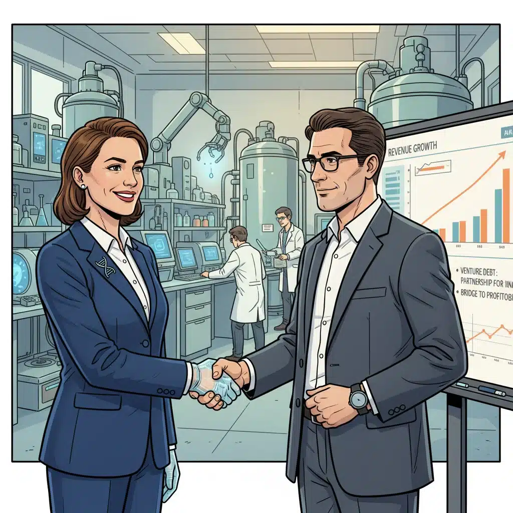 Biotech CEO shaking hands with a venture debt lender, symbolizing a funding partnership.