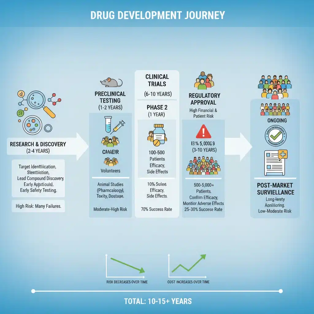 Infographic showing drug development stages, clinical trials, and regulatory approval process.