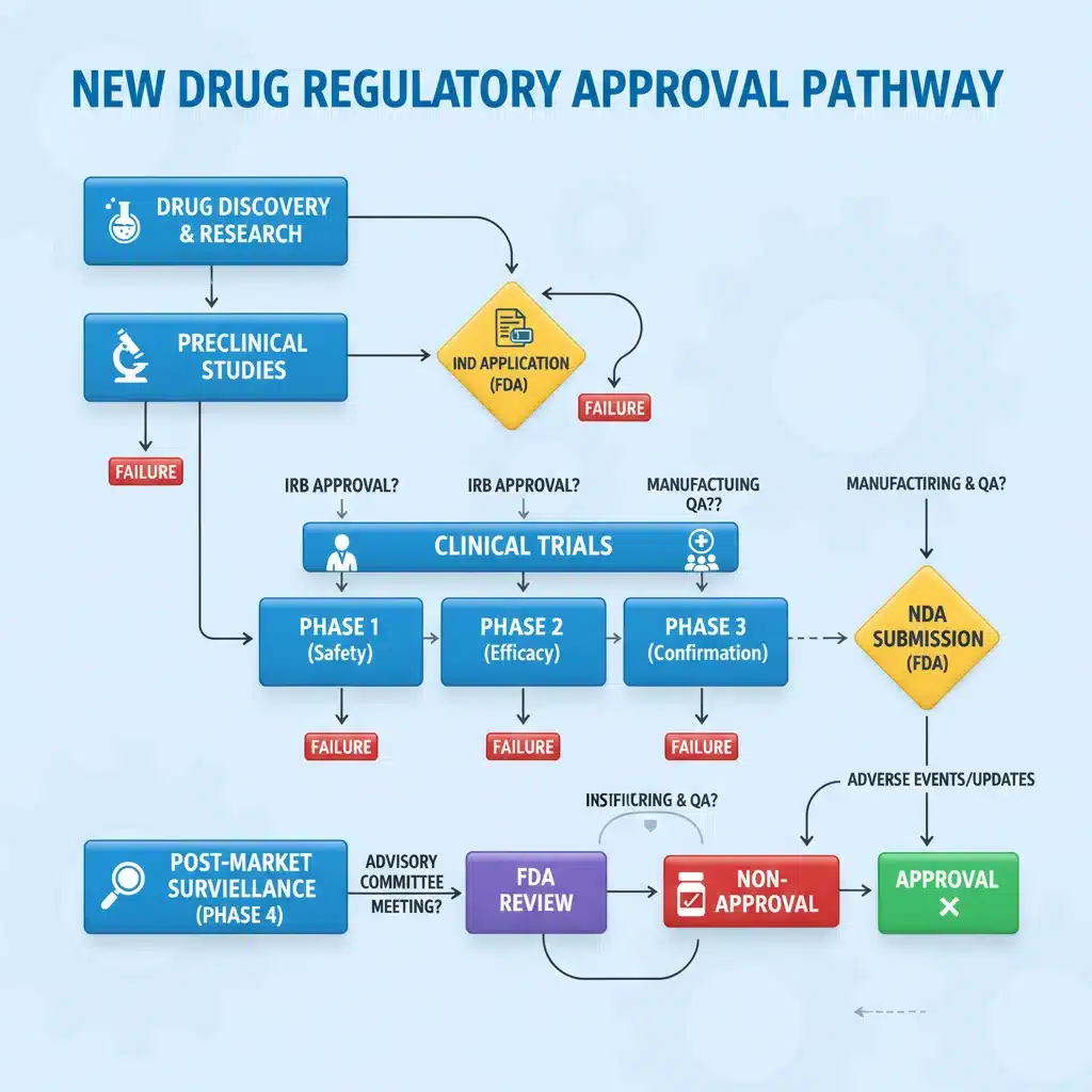 Detailed flowchart of the drug regulatory approval process, crucial for biotech investment assessment.
