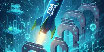 Illustration of a rocket labeled 'FDA Fast-Track' accelerating through regulatory hoops, representing rapid drug approval for biotech startups.