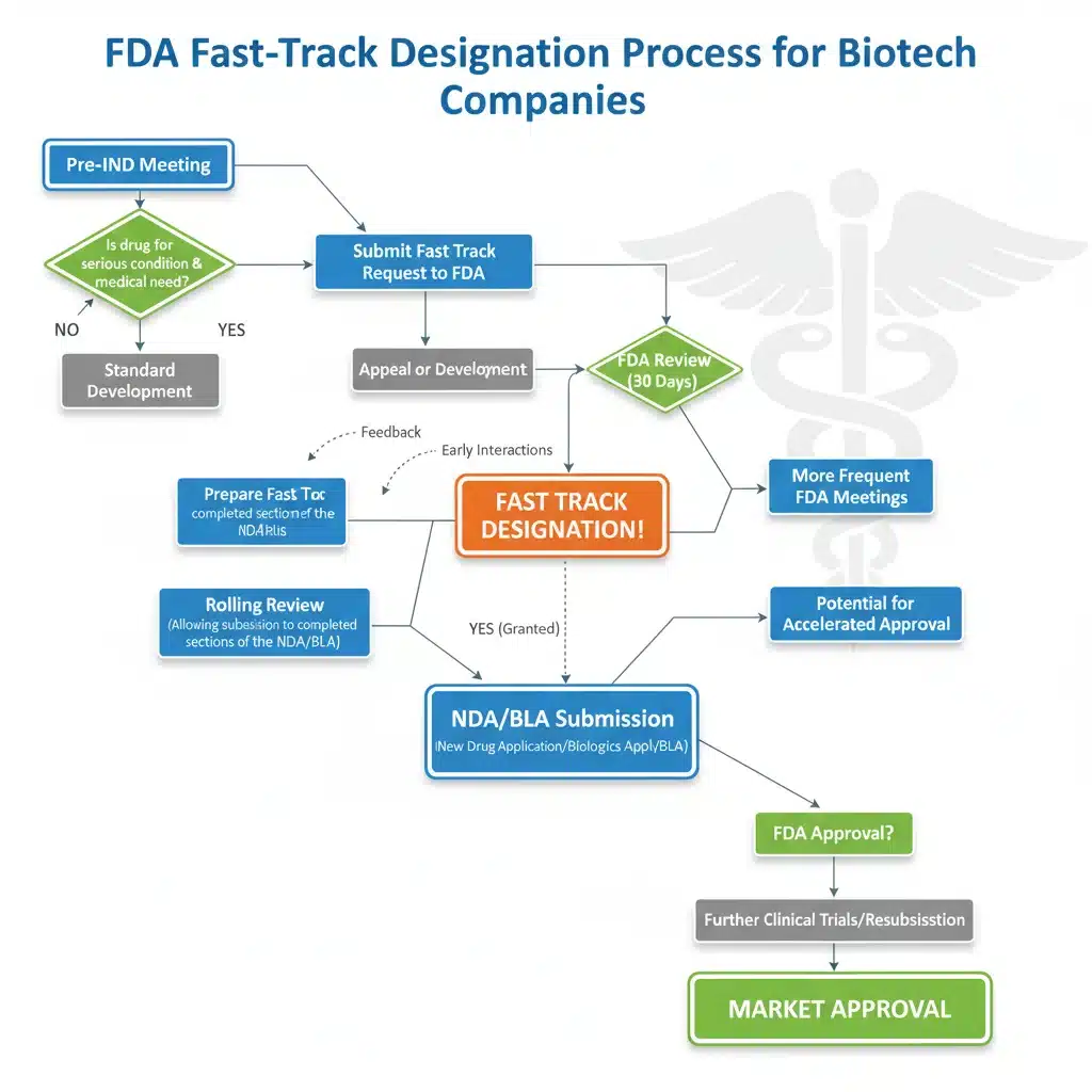 Detailed flowchart showing the sequential steps of the FDA Fast-Track designation process for biotech companies.