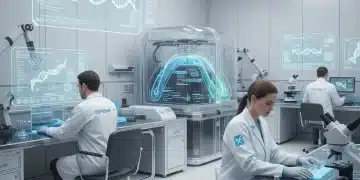 Scientists working in a gene therapy research laboratory with DNA models and advanced equipment.