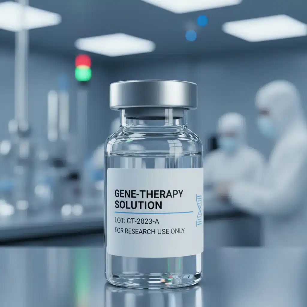Vial containing a gene therapy solution in a sterile research environment.