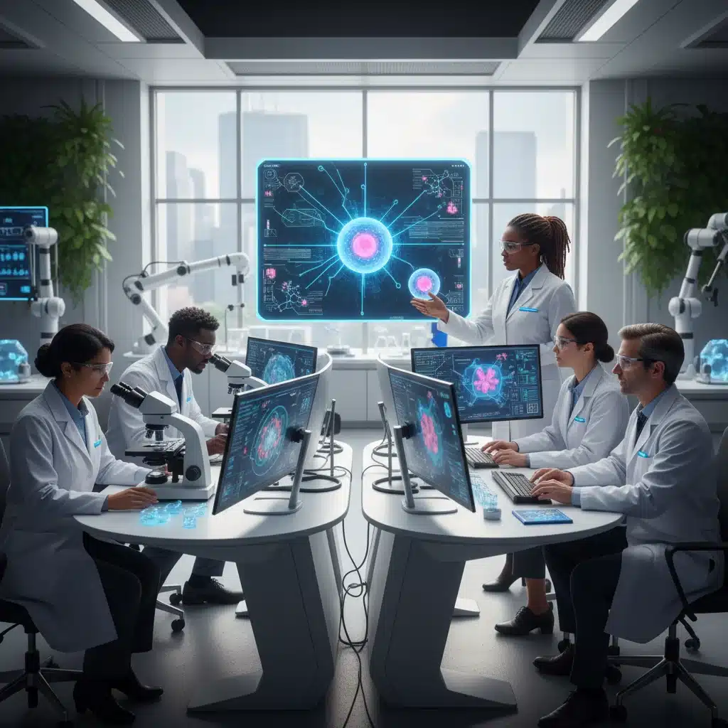 Scientists collaborating with AI in a modern biotech research facility