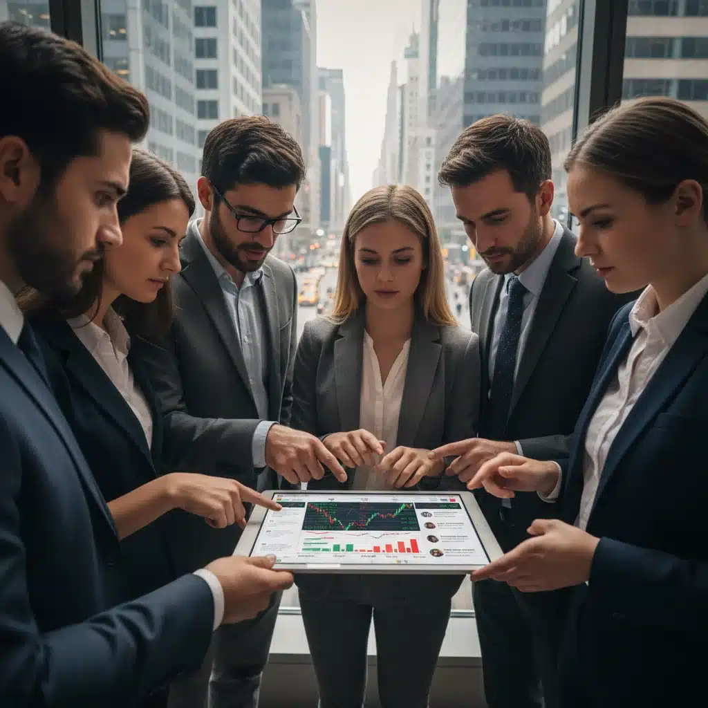 Investors analyzing stock market data on a tablet in a financial district setting.