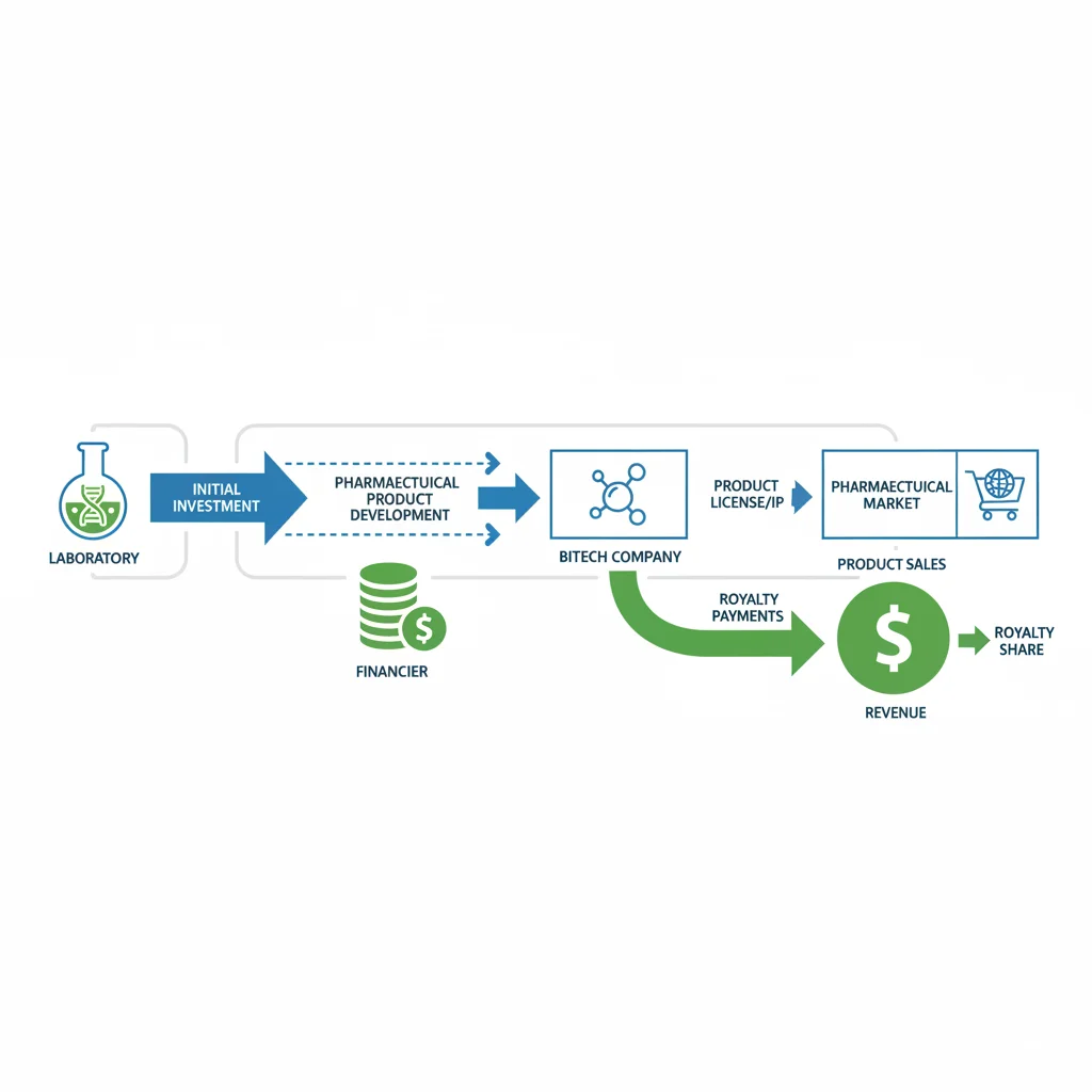 Infographic showing the financial flow of a royalty financing deal in the biotech sector.