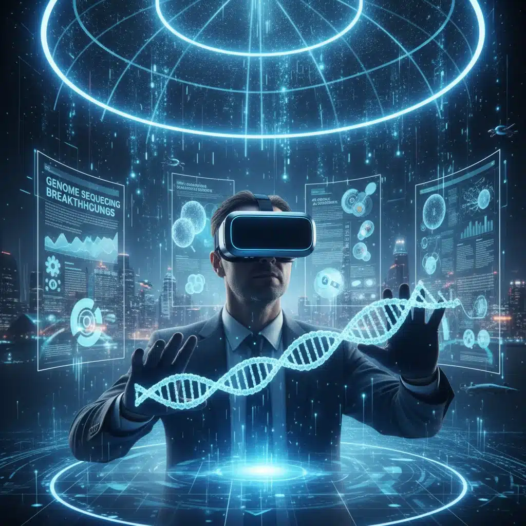 Professional using VR for virtual biotech exhibition engagement.